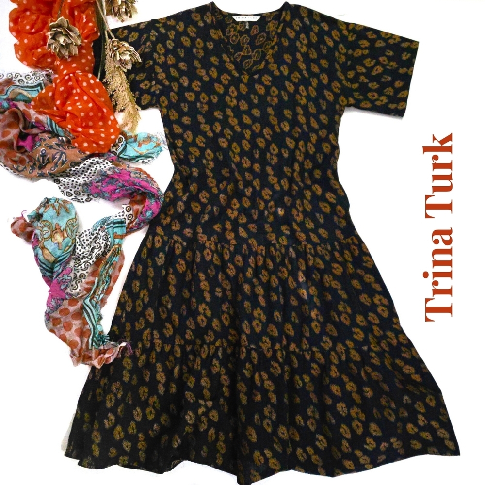 Trina Turk Navy Dress with Mustard Leaf Print Sz XS